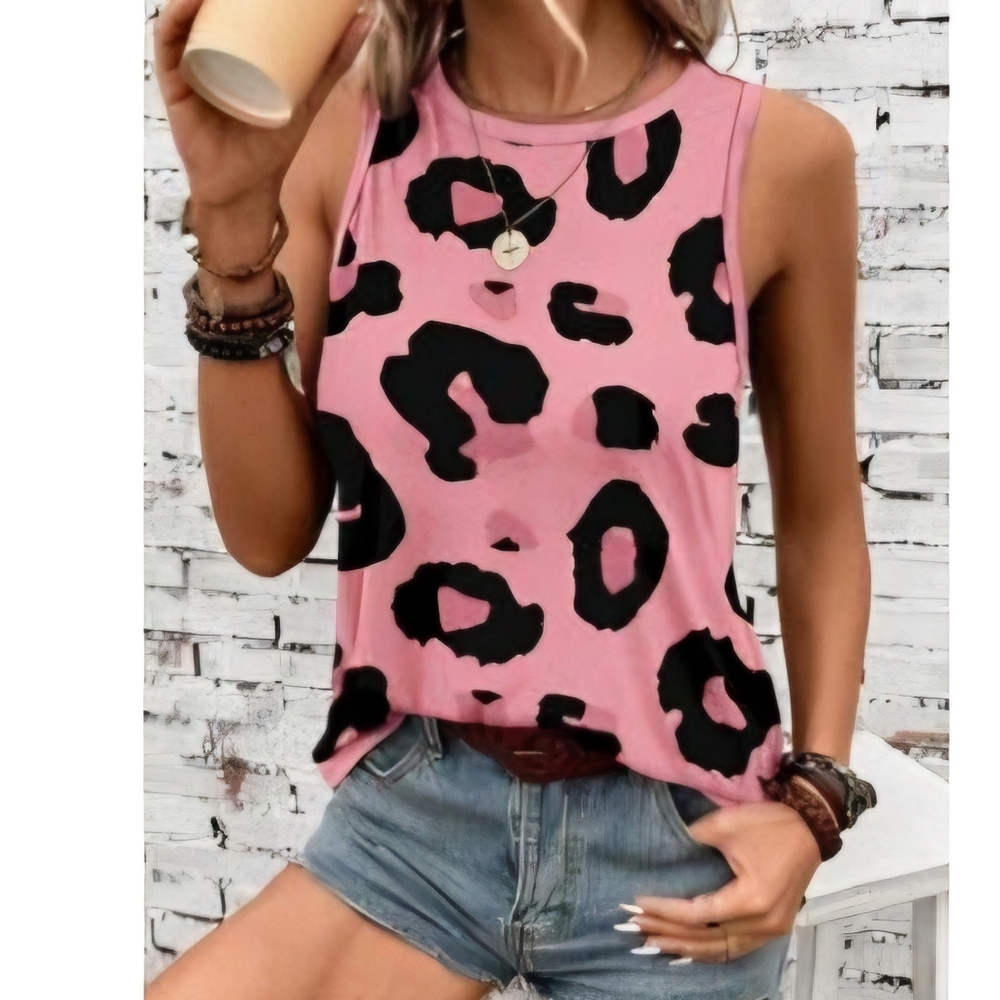 SHEIN Pink Black Leopard Print Sleeveless Muscle Tee